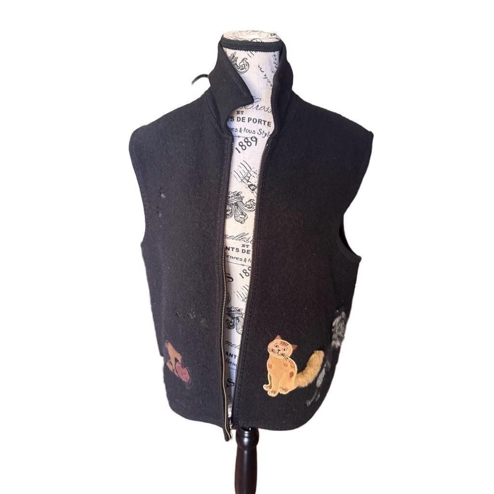 Lisa International Vintage Black Boiled Wool Vest with Faux Fur Cat Embellishmen